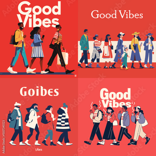 Good Vibes: A dynamic collection of diverse individuals walking forward in an optimistic ambiance. Expressing positive atmosphere and harmony.