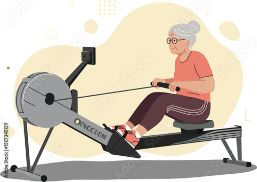 Elderly woman exercising on rowing machine indoor fitness workout for healthy lifestyle and wellness