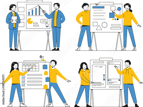Vector characters presenting messaging strategy, content blocks, hashtags, and digital communication planning on whiteboards