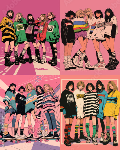 Girl Group Illustration: Capturing the essence of friendship and style, this illustration showcases a diverse group of fashionable girls, each with their unique look.