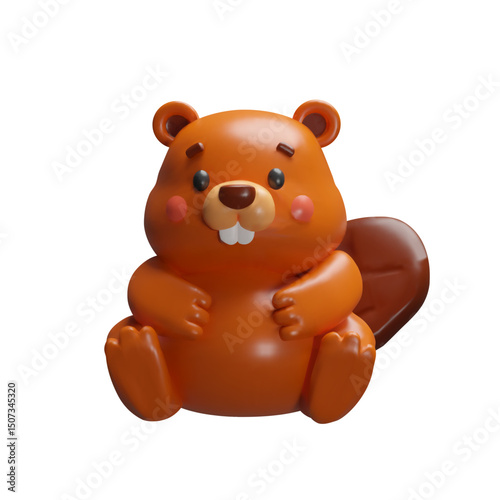 3d beaver. Three-dimensional vector illustration. Canadian symbol. Cute animal with tail and teeth. Funny friendly forest character for mascot. Wild nature carpenter in the timberland and water