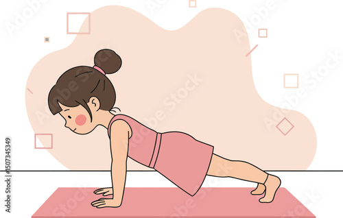 Young girl doing plank exercise on yoga mat in home workout routine for fitness and health benefits 