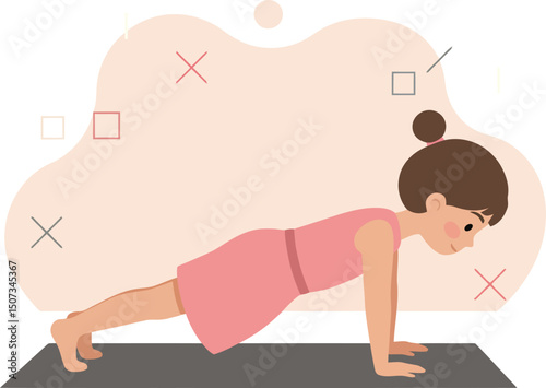 Woman doing plank exercise on yoga mat for fitness and wellness vector illustration 