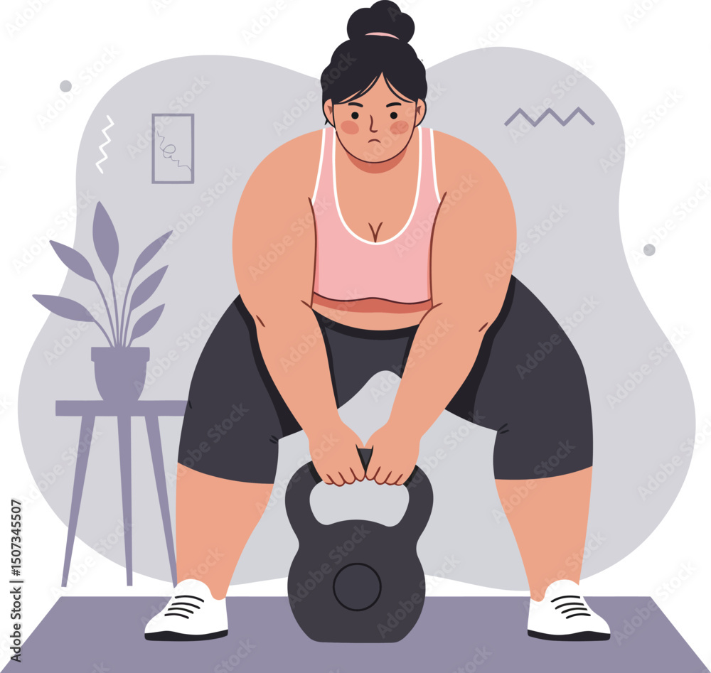 Obraz premium Woman exercising with kettlebell fitness training at home interior workout scene vector illustration