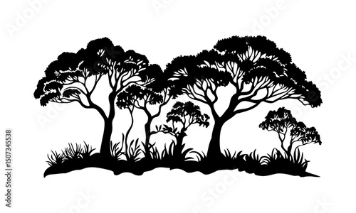 Highland Grove Rocky Forest Scene, Ironwood Tree Silhouettes, sparse tree silhouette clipart, engraved hardwood vector, vector illustration, nature landscape art, woodland design.
