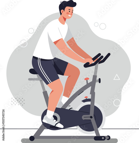 Man exercising on stationary bike indoor fitness workout vector illustration 