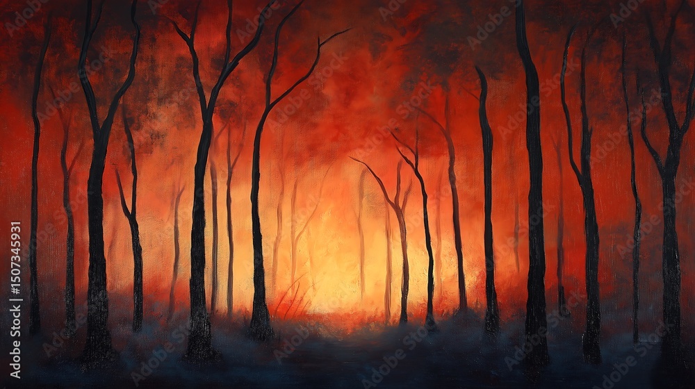 Naklejka premium Apocalyptic Wildfire Devastation, Intense Forest Fire Art with Fiery Smoke and Burning Trees, a Dramatic Climate Change Illustration