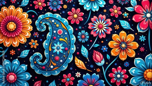 Intricate paisley floral pattern in vibrant hues, summer, colors