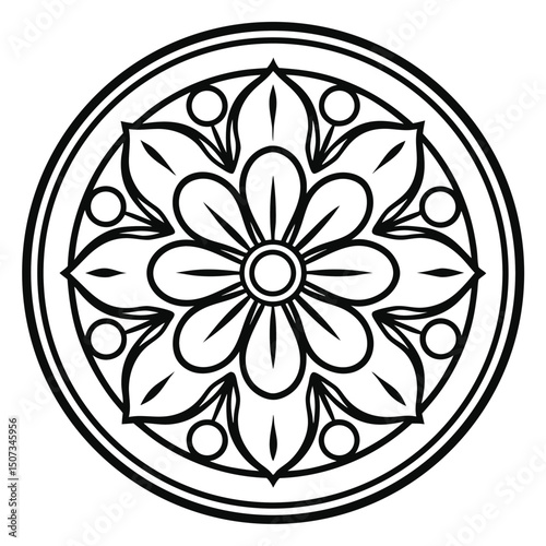 Detailed Black and White Floral Mandala Illustration with Geometric Petals and Circles, Isolated on White Background.                                 