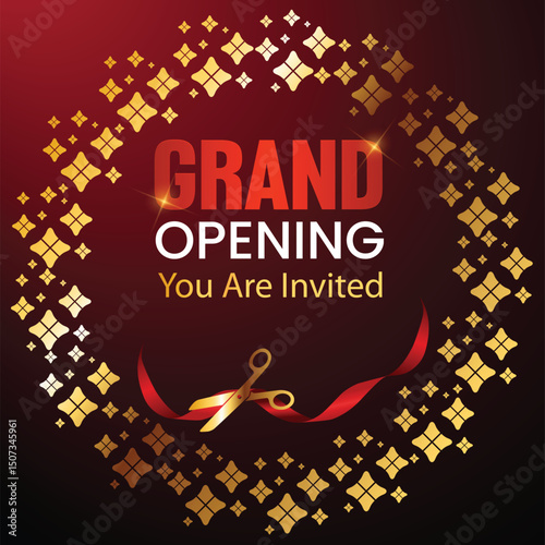 Elegant grand opening invitation with golden sparkles, luxury black background, festive and classy design.