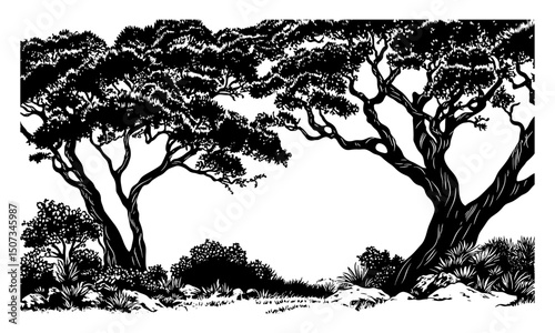 Rocky Forest Scene with Ironwood Tree Silhouettes, Highland Grove sparse tree clipart, engraved hardwood vector, vector illustration, outdoor scenery, natural woodland elements.