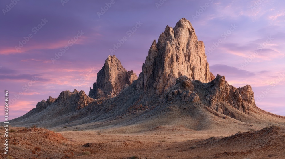 Fototapeta premium Shiprock peak amidst a desert landscape under a pink and purple sky