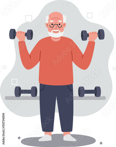 Senior man exercising with dumbbells doing weightlifting workout in home fitness routine vector illustration 