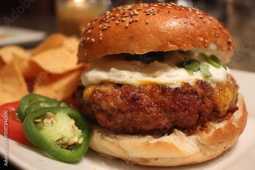 Close-up image of hamburger with fried meat and toppings  
 photo