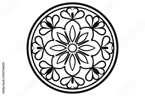 Abstract Floral Mandala Design, Circular Ornament in Black and White, Printable Illustration                                                          