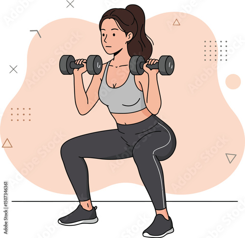 Woman performing squat exercise with dumbbells for strength training and fitness improvement in gym setting 