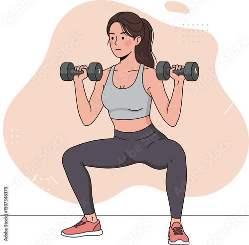 Woman exercising with dumbbells in squat position for fitness and strength training workout vector illustration 