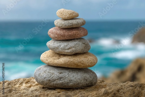 Stack of six stones balanced on rock blurred ocean backdrop