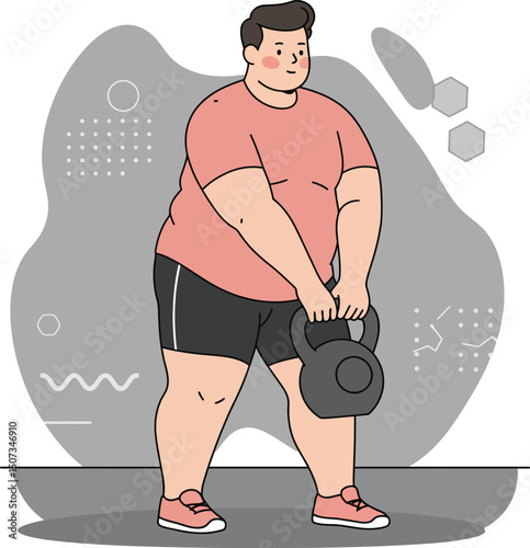 Overweight man exercising with kettlebell for fitness and strength training vector illustration 