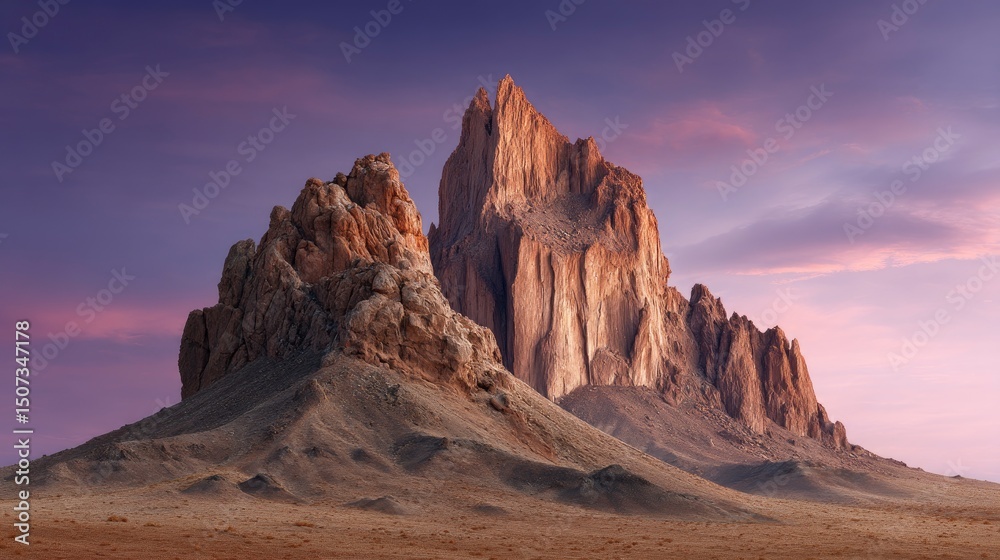 Naklejka premium The image shows a stark landscape dominated by towering rock formations under a twilight sky their surfaces bathed in warm light