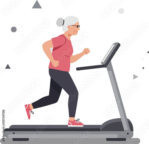 Senior woman running on treadmill exercising for fitness and health indoors vector illustration 