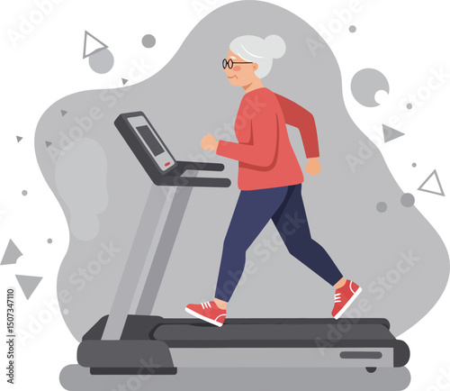 Elderly Woman Running on Treadmill Indoor Fitness Exercise Healthy Lifestyle Vector Illustration 