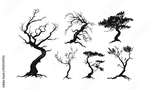 Alpine forest vector illustration, Highland Juniper silhouettes, rocky woodland, twisted branches, minimal foliage, natural landscape style, dry forest trees, outdoor scenery, evergreen vegetation.
