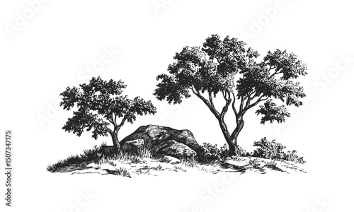Rocky wilderness scene with Highland Ironwood trees, sparse forest, dry terrain canopy, vintage engraved clipart, durable tree vector illustration, wilderness landscape, outdoor nature graphics.