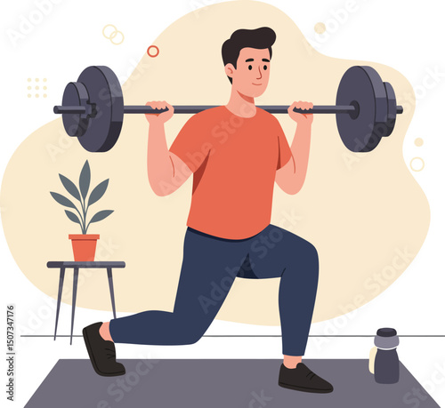 Man performing weighted lunges with barbell in home gym fitness workout vector illustration 
