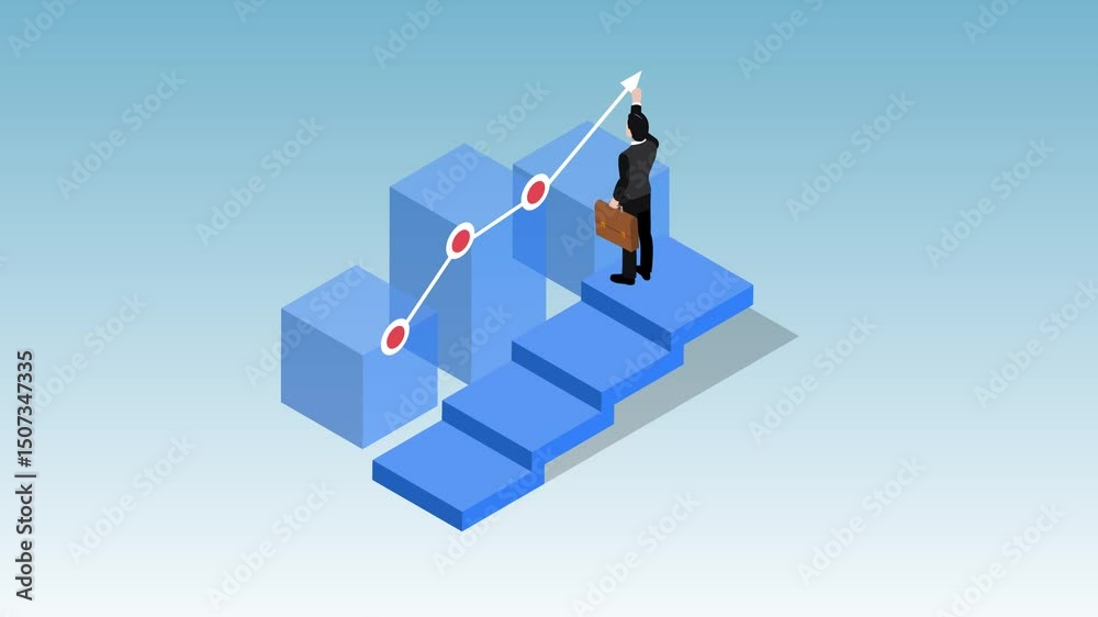 businessman climbing the word CAREER arranged as ascending steps 3d animation cartoon
