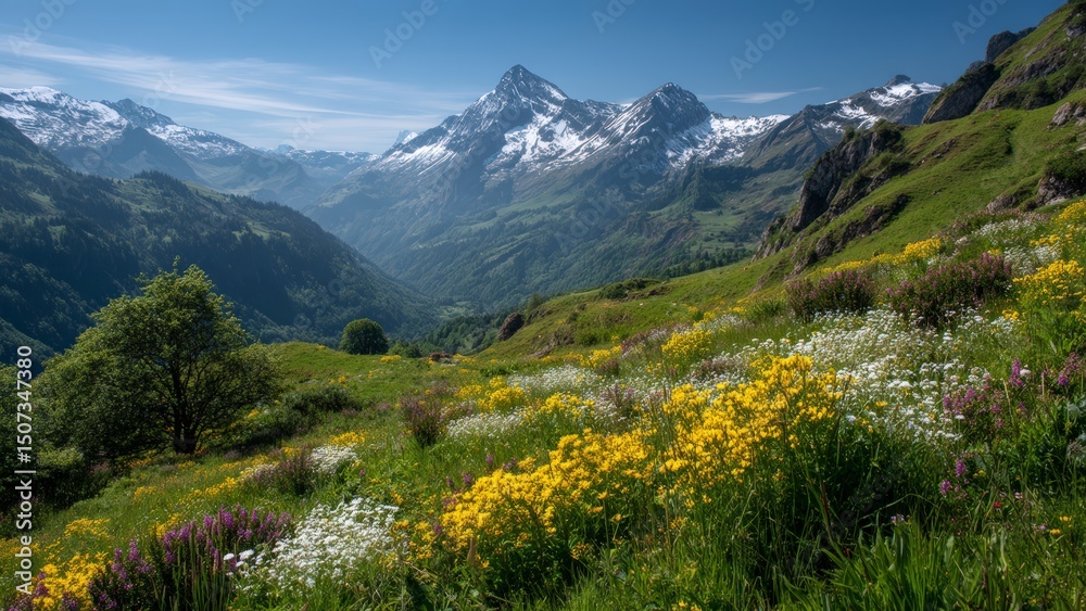 Fototapeta premium Wildflower Field Below the Snowy Peaks
