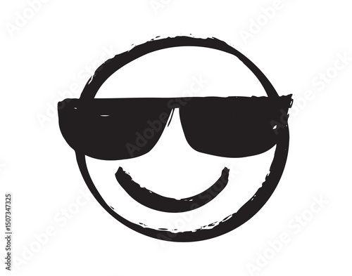 smiling face and sunglasses. grunge happy cool peaceful emoji with glasses. hand drawn textured brush, sketch black rustic drawing