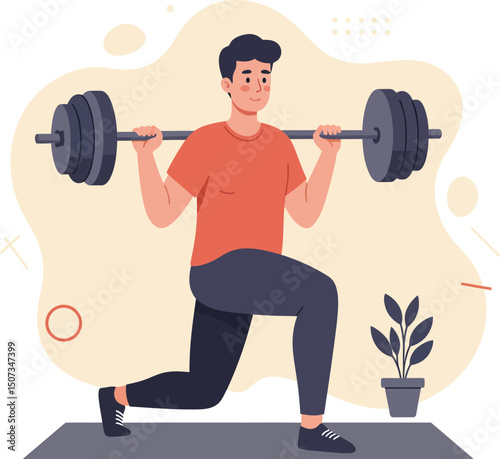 Man exercising with barbell weights performing lunges in home gym setting vector illustration 