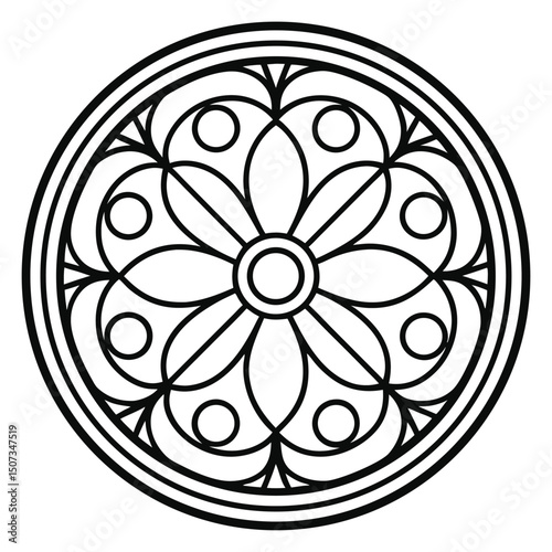 Monochrome Geometric Rose Window Graphic Design with Petals, Arcs and Circles in Vector Format for Versatile Creative Applications.                   
