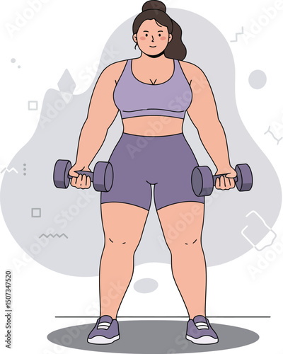 Woman exercising with dumbbells in purple sportswear fitness workout vector illustration 