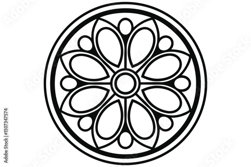 Elegant Floral Rosette Vector Graphic: A Circular Black and White Design with Geometric Flower Pattern Ideal for Ornamental and Decorative Applications.