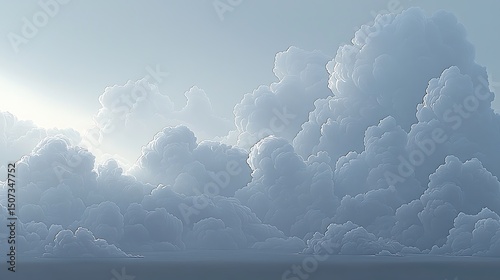 A beautiful cloudscape filled with soft, fluffy clouds against a pale blue sky, with sun rays gently filtering through, creating a peaceful mood.