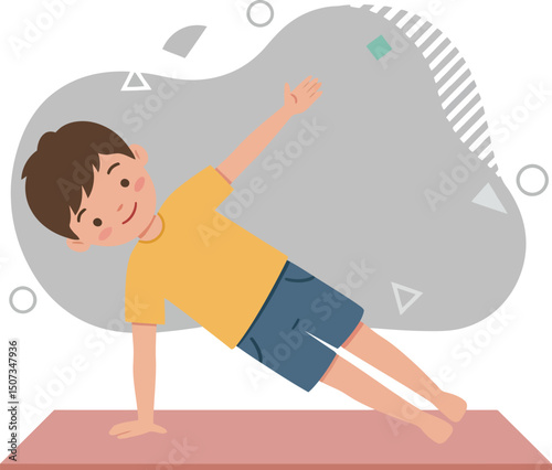 Boy doing side plank exercise on yoga mat for fitness and health vector illustration 