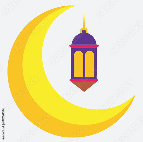 Ramadan crescent moon with lantern silhouette vector art illustration, vector illustration of a religious symbol