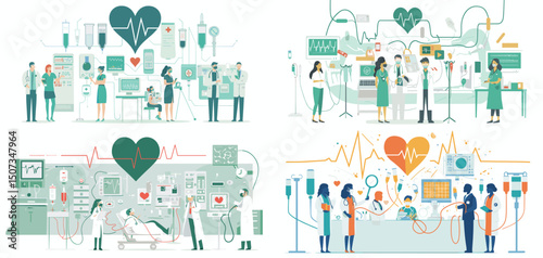 Healthcare Innovation: A vibrant illustration showcasing four diverse scenes of medical professionals collaborating on advancements in healthcare.