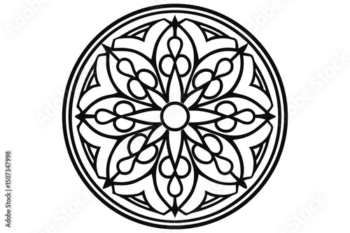 Abstract Black and White Floral Mandala - Vector Design, Concentric Circles, Geometric Symmetry, Coloring Page Illustration                           