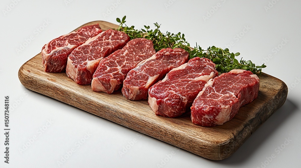 Raw, fresh, premium cut steaks arranged on wooden cutting board, with herbs Raw, fresh, premium cut steaks arranged on wooden cutting board, with herbs
