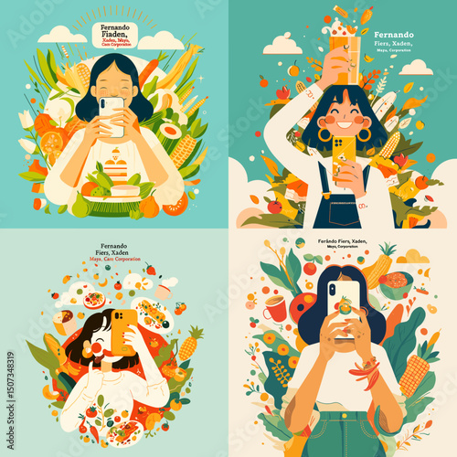 Capturing Culinary Delights: A series of whimsical illustrations showcases a woman engrossed in photographing delectable food items.