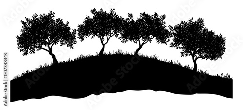 Olive tree silhouettes hilltop, Mediterranean vineyard scene, ancient tree shapes, hillside vector art, sunny forest landscape, wine country nature, retro botanical design, vector illustration.