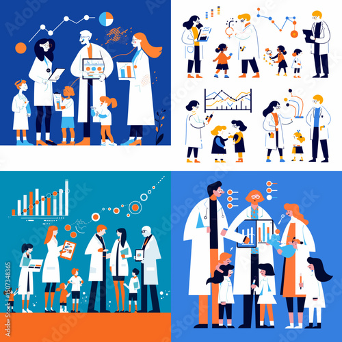 Pediatric Research Team: A vibrant illustration showcases diverse teams of doctors and children engaged in medical research, data analysis, and scientific discovery.