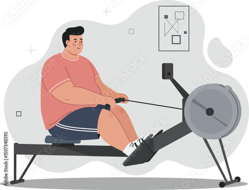 Man Exercising on Rowing Machine Indoor Fitness Workout Equipment Vector Illustration 
