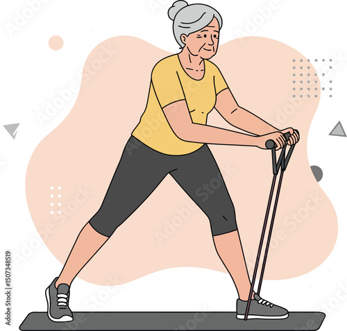 Elderly woman exercising with resistance bands for fitness and health lifestyle in home environment 