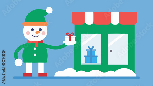 Elf on a Snowman An elf perched atop a cheerful snowman pointing towards a store window filled with holiday decorations with a flyer in hand.