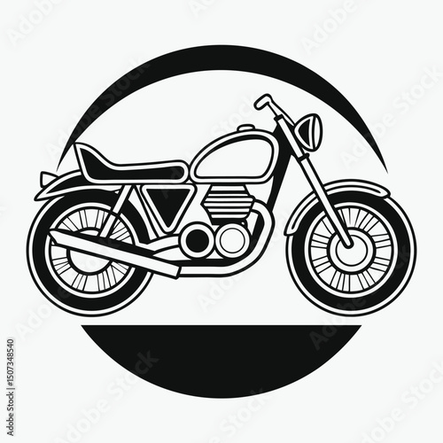 Detailed monochrome motorcycle outline inside bold graphic circle shape element.