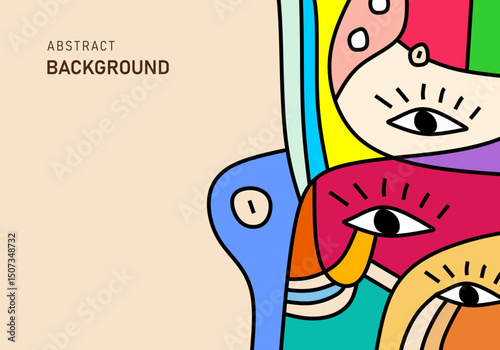 Abstract modern cubism illustration of colorful human faces on beige background.